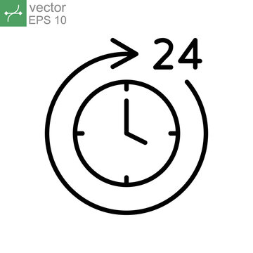 Time 24 Hours Icon. Twenty Hour Full Open Service Operation. Free Dial All Day. Online Support. Clock, Deadline Symbol. Passage Of Time. Line Vector Illustration. Design On White Background. EPS10