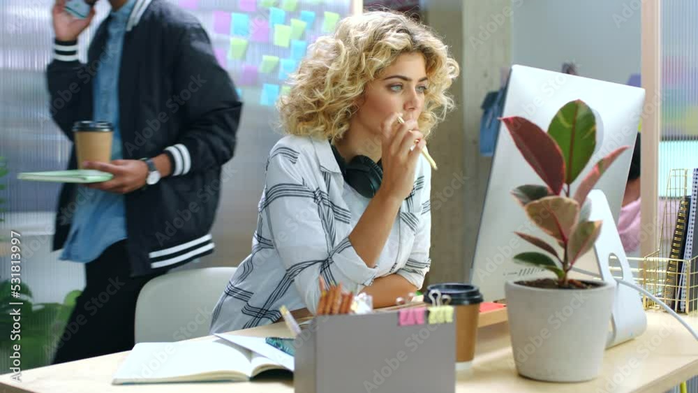 Aufkleber woman advertising or marketing designer busy on a computer working in a creative and startup office.