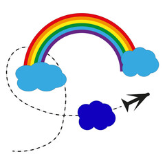 Rainbow cloud plane in fantasy style. Travel transport concept. Vector illustration. stock image.