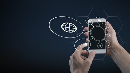 Marketing plan. Businessman showing infografic on gadget screen