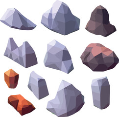 Polygonal stone set on white background. 3d Vector illustration. Isometric view.