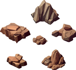 Polygonal stone set on white background. 3d Vector illustration. Isometric view.