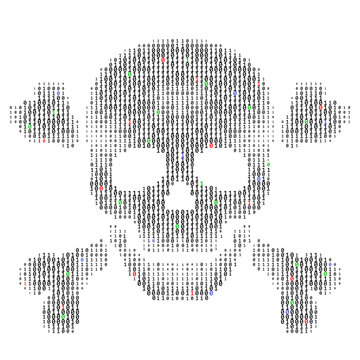 skull with bones in binary code stream on black background.concept of hacker attack, cyber piracy.