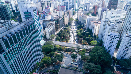 Aerial view of Av. Paulista in São Paulo, SP. Main avenue of the capital. With many radio...