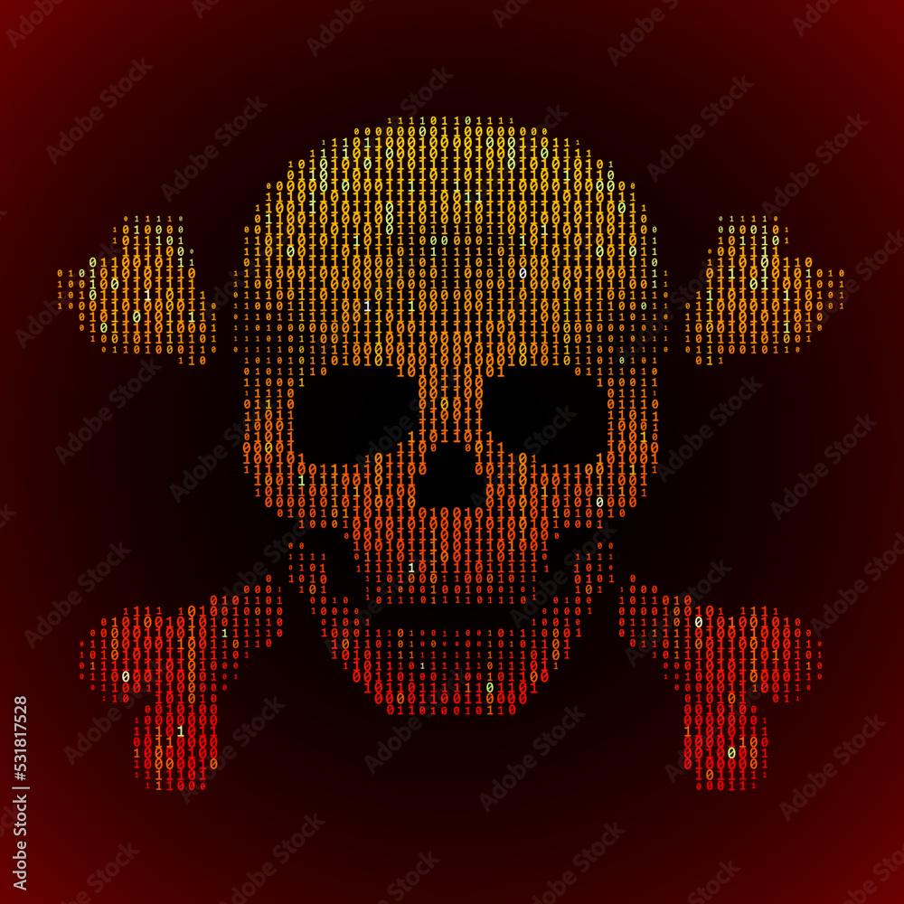 Poster skull with bones in binary code stream on black background.concept of hacker attack, cyber piracy.
