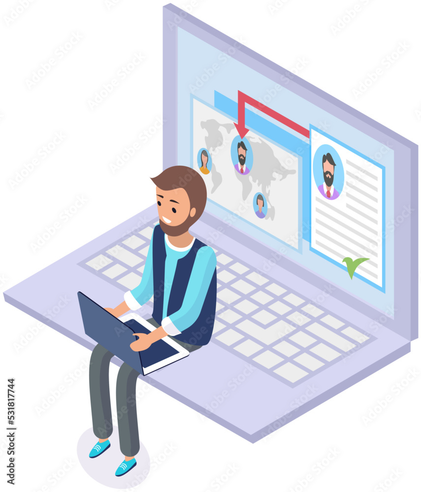 Poster man looking at user profiles in social network. program for chatting, mailing or recruitment work. g