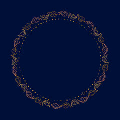 Vector round dotted frame on the dark blue background. Autumn leaves decoration