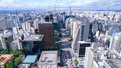 Aerial view of Av. Paulista in São Paulo, SP. Main avenue of the capital. With many radio...