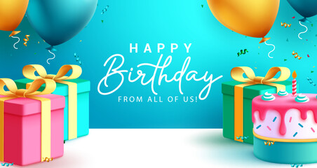 Happy birthday greeting text vector design. Birthday typography in blue space for message with colorful boxes of gifts, cake and balloons background decoration. Vector Illustration.
