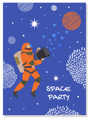 Postcards with atronauts. Greeting cards or invitations to party in cosmic style. Creative posters with people in cosmonaut costumes. Banners for space party design vector illustration