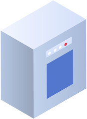 Washing machine for clothes care. Electronic laundry equipment for housekeeping. Household appliances for cleaning laundry at home. White automatic machine washes garment with water and detergent