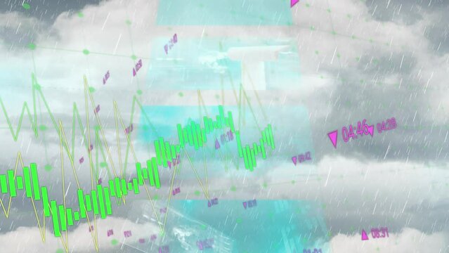 Animation of financial data processing over cloudy sky