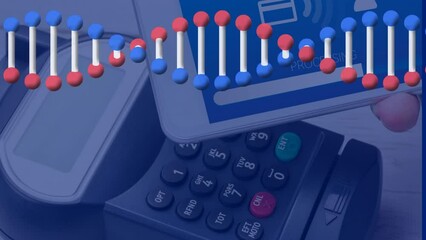 Animation of sniping dna strand over smartphone and payment terminal - Powered by Adobe