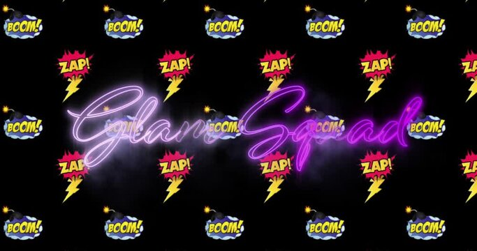 Animation of glam squad text in purple neon over zap and boom icons repeated on black background