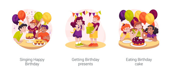 Kid Birthday celebration isolated cartoon vector illustration set