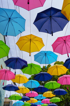 Looking up at colorful umbrellas