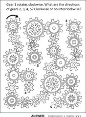 Pinions puzzle of transmission with gears rotating clockwise and counterclockwise. Answer included.
