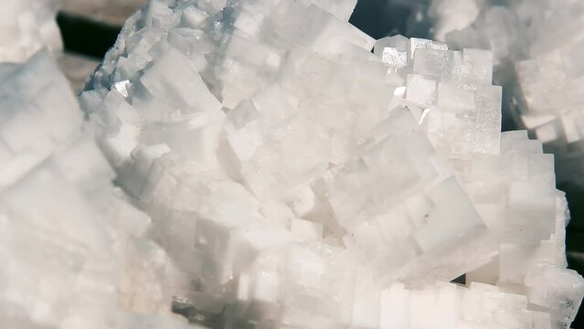 Large Natural Crystals of Halite, showing Cubic Crystal Form, Salt Crystals in Salinas Grandes Salt Flats, Argentina. Close Up. 4K Resolution.