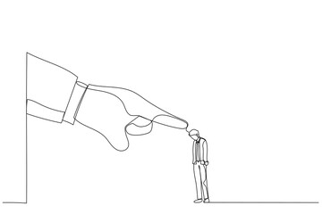 Drawing of giant hand angry points a finger at businessman employee. Metaphor for job reduction or dismissal. Single line art style