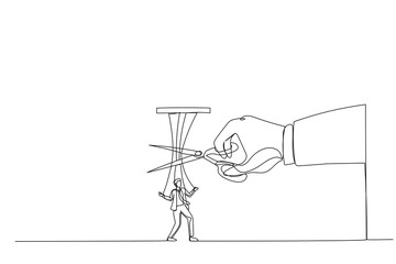 Illustration of giant hand with scissors cutting the strings attached to businessman. Metaphor for freedom, independent, liberation. One line art style