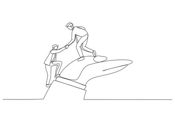 Cartoon of businessman helps companion climb to the giant hand. Continuous line art