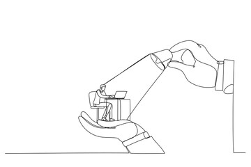 Illustration of big hands holding businessman and lighting on the top, metaphor for control, support and coordination. One continuous line art style