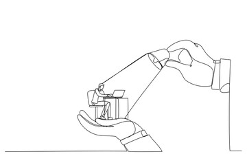 Obraz premium Illustration of big hands holding businessman and lighting on the top, metaphor for control, support and coordination. One continuous line art style