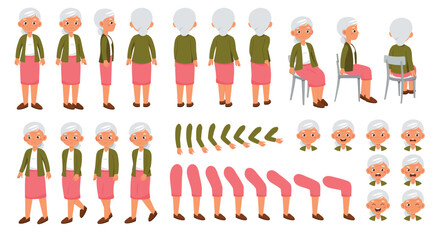 Grandma character constructor for animation. Beautiful retired elderly woman with gray hair. Set of elements of arms, legs and emotions. Cartoon flat vector collection isolated on white background