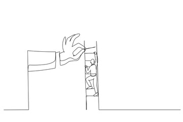 Drawing of big hand help businessman build ladder. Single line art style