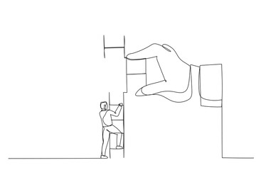 Cartoon of businessman climbing up to top of broken ladder with huge helping hand to connect to reach higher. Single continuous line art style © rina