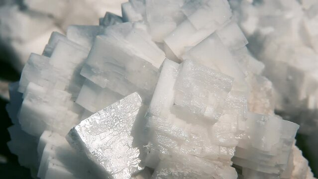 Large Natural Crystals of Halite, showing Cubic Crystal Form, Salt Crystals in Salinas Grandes Salt Flats, Argentina. Close Up. 4K Resolution.