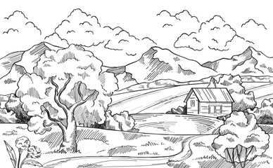 Rural scenery landscape. Sketch with beautiful village panorama, meadow, field, village house, trees, grass and mountains. Design element for coloring book. Cartoon simple linear vector illustration