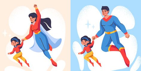 Set of superhero parents. Strong and brave super mom and dad in costumes hold their daughter hand and fly up. Mother or father takes care of their child. Cartoon flat vector illustration collection