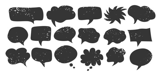 Speech bubble icon black textured set, blank sticker speech balloon grunge texture in various shapes, comic cloud bubble blank vector design, message icon silhouette isolated