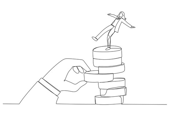 Cartoon Of Giant Hand Pull Back Money From Coin Stack Causing Businesswoman To Fall Down. Metaphor For Investment Risk, Liquidity, Market Volatility. One Continuous Line Art Style