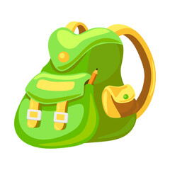 Primary schoolbag. Childish school backpacks with supplies in open pockets, bright bag. Vector illustration