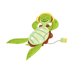 Cute happy turtle listening to music. Funny cartoon character dancing, sleeping, eating, enjoying leisure. Flat vector illustration for animals or wildlife concept