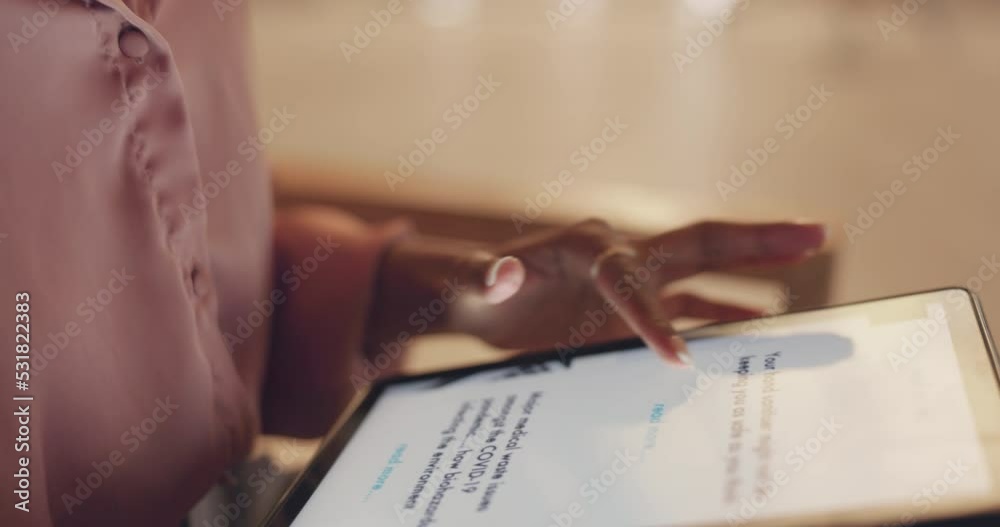 Poster Hands zoom on screen of tablet for news website and articles. Reading, research and online media information and communication on digital notepad. Hand scrolling, zooming and swiping on touch screen