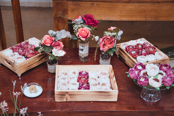 table decorated with flower pots