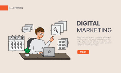 Digital marketing concept hand drawn flat illustration or man with laptop using tools and services for business
