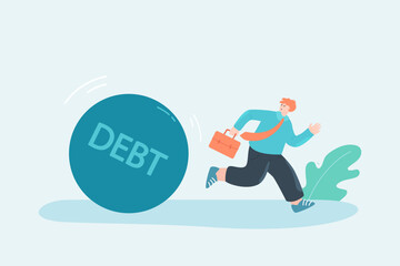 Employee running away from debt flat vector illustration. Finance, problem, bankruptcy, investment, economy, pressure, career concept for banner, website design or landing web page