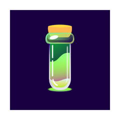 Bottle of magic potion. Cartoon jars with love elixir, glass chemical vials with corks on dark purple background. Vector illustration for witchcraft lab, alchemy, Halloween, poison