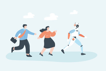 Employees running after robot flat vector illustration. Cyborg replacing human at work. Competition, future, artificial intelligence concept for banner, website design or landing web page
