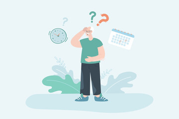 Elderly man forgetting about events flat vector illustration. Question marks, calendar and clock above old man. Memory, retirement, health concept for banner, website design or landing web page