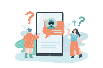 Users chatting with chat bot flat vector illustration. Robot trying to help clients online. Assistance, aid, support concept for banner, website design or landing web page