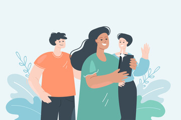 Friends taking selfie on phone flat vector illustration. Man and women taking photo on smartphone. Photography, togetherness, friendship concept for banner, website design or landing web page