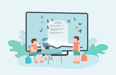 Little kids at school flat vector illustration. Pupils chatting, using mobile phones, sitting at desk, meeting, studying. Friendship, education concept for banner, website design or landing web page