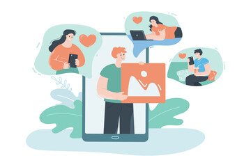 People chatting with lovers flat vector illustration. Man and women communicating on social media. Love, romance, romantic relationship concept for banner, website design or landing web page