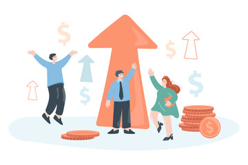 Growing arrow and employees flat vector illustration. Team working together and achieving goals. Achievement, teamwork, growth, success, progress concept for banner, website design or landing web page