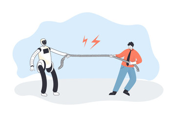 Man and robot tugging of war flat vector illustration. Cyborg or artificial intelligence versus human. Future, competition, conflict, challenge concept for banner, website design or landing web page